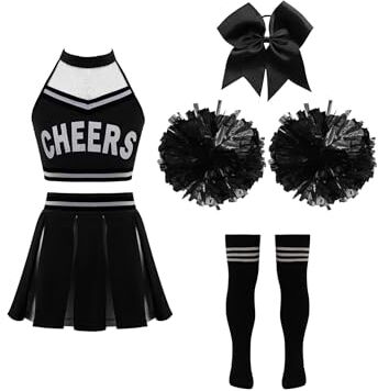 iEFiEL Costume per Bambini Cheerleaders Rosso Uniforme con Abito Senza Maniche + Pompon e Calze Vestito da Carnevale per Ragazza 3-10 Anni per Scuola Festa E bianco e nero 1 13-14 anni