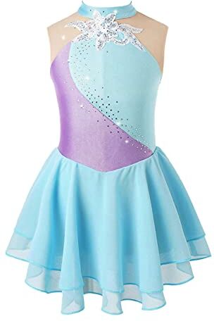 Freebily Abito da Pattinaggio Artistico Bambina Strass Leotards Body da Balletto Abito da Ballo Latino Vestito Danza Classica Ballerina Jazz Danza Moderna Performance Azzurro A 6 anni