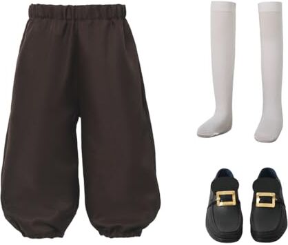 BPURB Costume coloniale da Ragazzo Bambini Medievale Pirata Cosplay Costume Rinascimento Costume Calzoni (Pantaloni con Calzini Bianchi Alti Fino al Ginocchio e Fibbia della Scarpa d'oro)