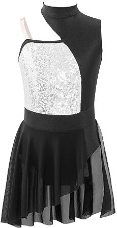 Freebily Abito da Pattinaggio Artistico Bambina Leotards Chiffon Vestito Danza Classica Abito da Ballo Latino Vestito da Balletto Body Ginnastica Artistica Samba Jazz Argento C 9-10 Anni