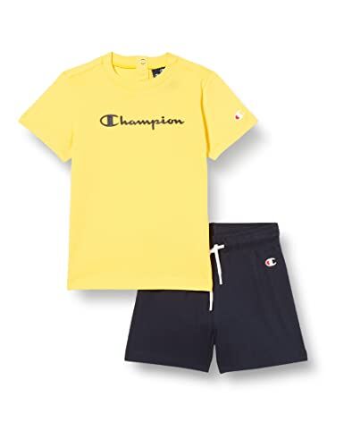 Champion Legacy American Classics-Logo S/S T-Shirt & Shorts Completo, (Giallo/Blu Marino), 2 Anni Bimbo