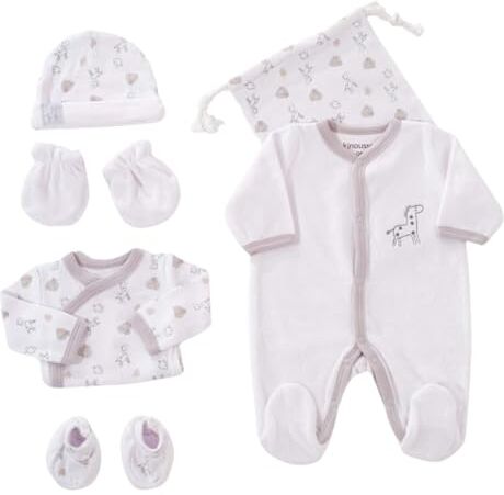 Kinousses Set nascita 6 pezzi 1 mese Velluto bianco Motivo: giraffa (pigiama, body, berretto, guantini, scarpine e sacchetto per riporre il tutto) Regalo neonato unisex maschio e femmina