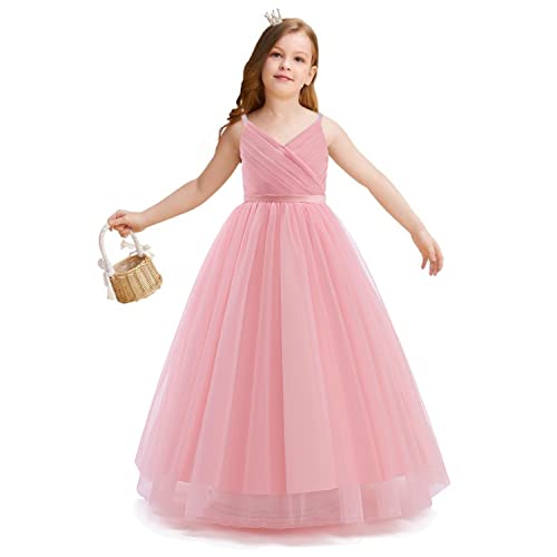 NNJXD Ragazza di Fiori Nozze Festa Spettacolo Abito Tulle Formale Lungo Principessa Vestire Taglia (160) 12-13 Anni 785 Rosa-A