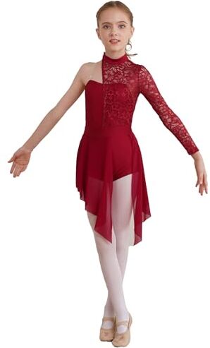 YiZYiF Bambina Ragazza Vestito da Danza Vestito da Balletto Lirica Moderna Asimmetrico Leotard Body da Danza Classica Abito da Ballo Ginnastica Saggio Performance Borgogna D 15-16 anni