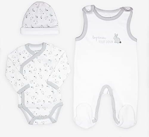 Kinousses Set per neonato, motivo: coniglietto 3 pezzi (salopette, body e berretto, in velluto ragazza, bambino, unisex 3 mesi