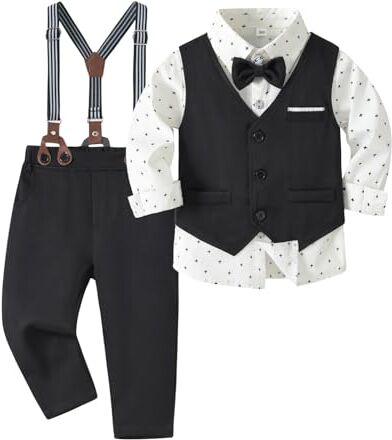 Volunboy Completo Elegante Bambino Camicie + Papillon + Gilet + Pantaloni, Ragazzo Abbigliamento 4 Pezzi Gentleman Cerimonia Nozze(Bianco Nero,12-18 mesi,Taglia 80)