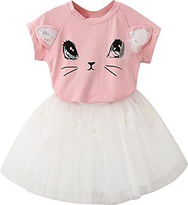 311 Maglietta 4anni Toddler Kids Neonate Tutu Dress Bambina Cute Cat manica corta T Shirt Top Gonna 2 pezzi Casual Floral Prom Dresses Set Calzini Bambina 30 32 (Pink, 4 Years)