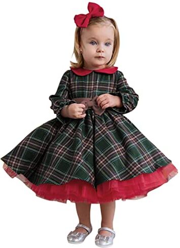 Generic Vestito da Festa di Natale per Ragazze in Tulle con Fiori per Bambini Abito da Principessa Mesh Patchwork Party Wedding Party Bowknot Vestito di Natale Bimba a Maniche Lunghe per (A07 Rosso, 4-5 Anni)