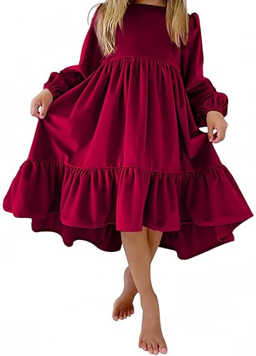 Ocean Plus Vestito da Bambina Autunno a Maniche Lunghe Swing in Pelle Scamosciata per Feste Abito da Principessa (M (135-140cm), Rosso Reale)