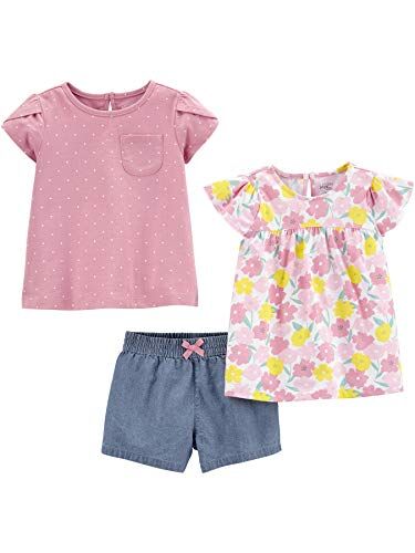 Simple Joys by Carter's 3-Piece Assorted Playwear Sets Set da Gioco, Bianco Floreale/Denim/Rosa Pois, 4 Anni Bimba