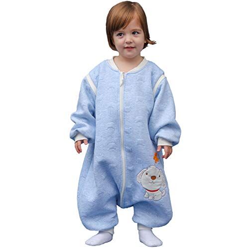 MIKAFEN Sacco nanna invernale a maniche lunghe, per bimbe e bimbi, con aperture per i piedi e motivo di cagnolino, in cotone, unisex, per tutto l'anno blu Blu 12-36 mesi