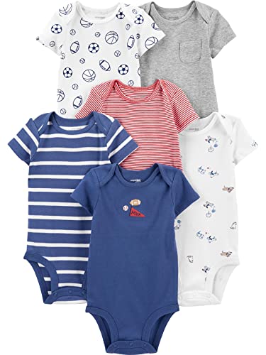 Simple Joys by Carter's Short Sleeve Bodysuit Camicia, Multicolore/Cani/Mini Righe/Multipack Sport, 6-9 Mesi (Pacco da 6) Bambino-Ragazzi