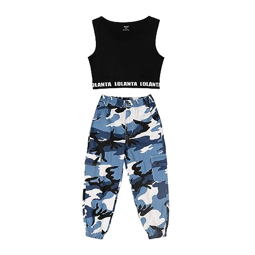 LOLANTA 2 Pezzi Ragazze Hip Hop Street Dance Solo Set, Crop Tank Top + Pantaloni Jogger mimetici, Blu, 150