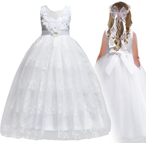 BOFUNX Vestito Bambina Cerimonia Vestito da Ragazza di Fiori Pizzo Abito Tulle Bambina Bianco Senza Manica per Matrimonio Comunione Compleanno Damigella d'Onore