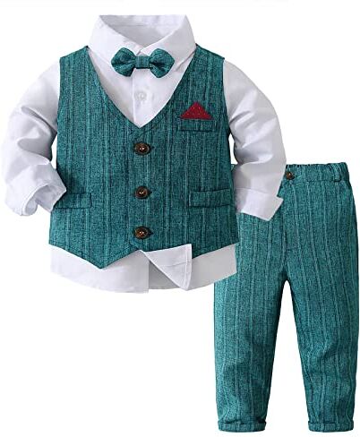 Volunboy Completo Elegante Bambino Camicie + Papillon + Gilet + Pantaloni, Ragazzo Abbigliamento 4 Pezzi Gentleman Cerimonia Nozze(4-5 anni,Verde,Taglia 120)