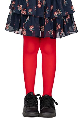 LORES , Collant in tinta unita da bambina, con piedi, opachi, 40 denari, per danza classica (realizzati in Italia), Red, 5-6 Anni