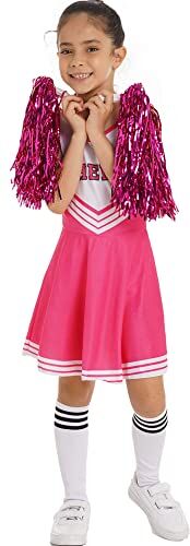 iEFiEL Costume per Bambini Cheerleaders Rosso Uniforme con Abito Senza Maniche + Pompon e Calze Vestito da Carnevale per Ragazza 3-10 Anni per Scuola Festa Hot Pink 5-6 anni