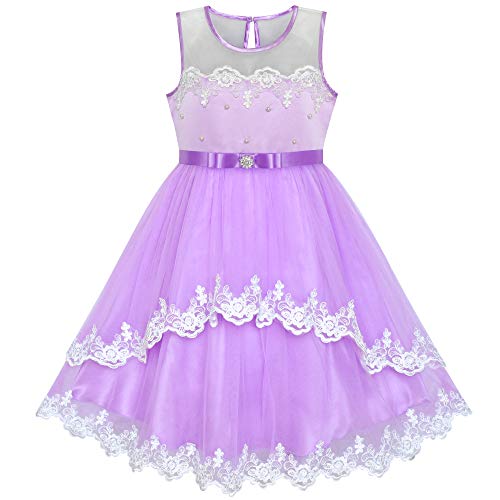 Sunny Fashion Vestito Bambina Fiore Viola Pizzo con Cintura Nozze Festa 8 Anni