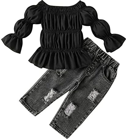 311 Completi Invernali Toddler Bambini Baby Girls Off Spalla Ruffles T Shirt Tops Hole Crop Denim Jeans Long Pants 2PCS Abiti Set Cose Alla Moda (Black, 1-2 Years)