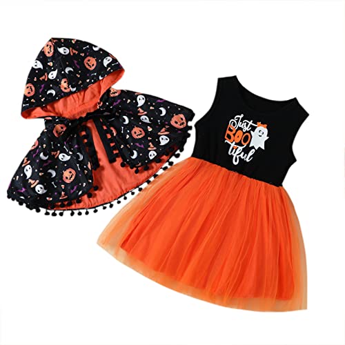 Generic Vestito Halloween Bambina 2 Pezzi Arancione Abito Lungo Nero Senza Maniche Scollo Rotondo Zucche Stampate Tutu Gonna Tulle Ragazze 12 Mesi-6 Anni Completo Festa (黑色, 4-5 Anni)