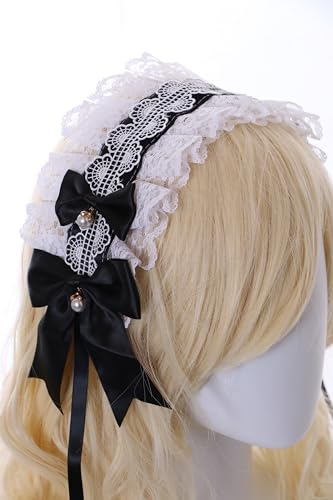 Kawaii-Story C-13-1 nero bianco cameriera Lolita pizzo volant fascia per capelli con perline fiocco gotico accessorio per capelli per capelli