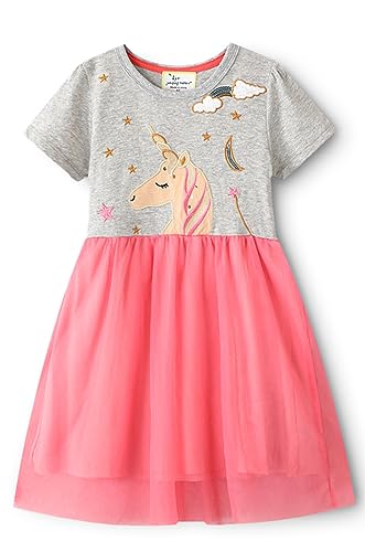 Kfnire Vestito Bambina Cotone • 6-7 Anni(115-125cm) Vestito Unicorno Principessa Bambina Abito Bimba Ricamo Floral Striscia Cartoon Animale Casuale Manica Lunga & Manica Corta Vestito T-Shirt