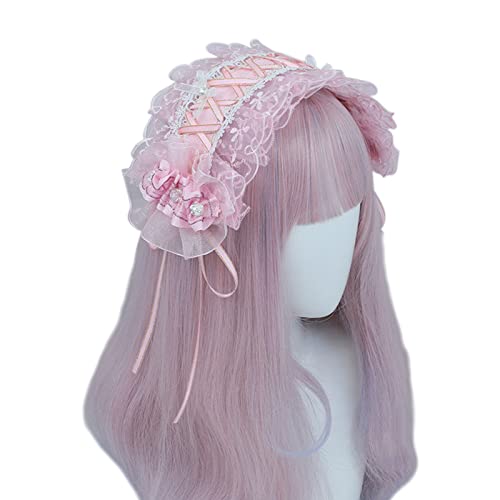 Exingk Fascia per capelli rosa in pizzo con perle e fiocchi per capelli, accessorio per capelli fatto a mano per ragazze regalo copricapo