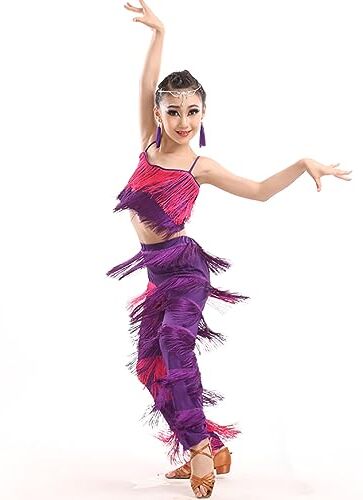 Generic 2 Pezzi Abito con Frange,Abiti da Ballo Latino per Bambine,Pantaloni con Nappe Abiti da Pratica,con Nappe a Canotta Set di Costumi,per Esercizi di Salsa di Tango,130, Purple and Red