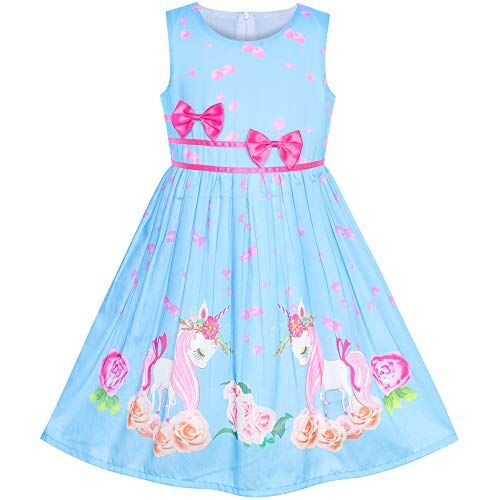 Sunny Fashion Vestito Bambina Blu Unicorno Fiore Estate Sole 11-12 Anni