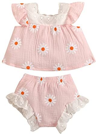 311 Pagliaccetto Neonata 0 Mesi Neonato Neonato Estate Senza Maniche Pizzo Lino Cotone Floreale Magliette Magliette e camicette Ruffle Shorts Outfit Set di vestiti Camicia Neonata (Pink, 6 Months)