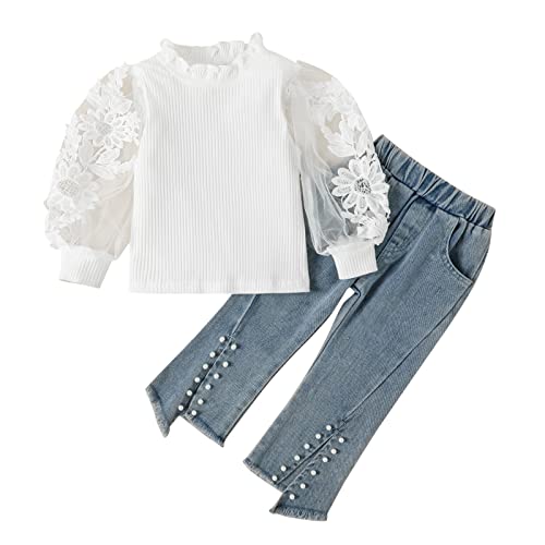 311 Tute Bambina 3 Anni Toddler Bambini Baby Girls Puff Sleeve Fiore Lace a coste T Shirt Tops Crop Denim Jeans Pantaloni lunghi 2PCS Abiti Set Felpa Top Ragazza (White, 3-4 Years)