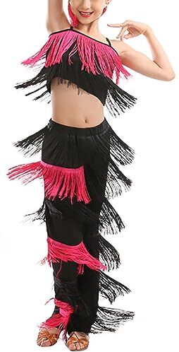 Generic 2 Pezzi Abito con Frange,Abiti da Ballo Latino per Bambine,Pantaloni con Nappe Abiti da Pratica,con Nappe a Canotta Set di Costumi,per Esercizi di Salsa di Tango,150, Pink-Black