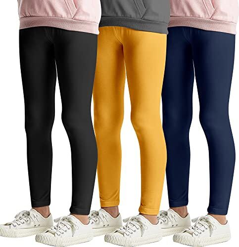 L&K-II 3 Bambini Leggings Basic Uni Colour Ragazze Leggings Fitness Pantaloni Cotone 2708 Nero Giallo Blu Navy 140