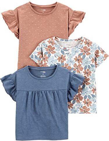 Simple Joys by Carter's Short-Sleeve Shirts And Tops, Pack of 3 Maglietta, Bianco Floreale/Denim/Marrone Pois, 5-6 Anni (Pacco da 3) Bambina