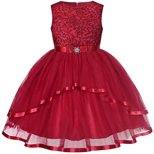 Sunny Fashion Vestito Bambina Fiore Buio Rosso Paillettes Damigella d'Onore Nozze Festa 6 Anni
