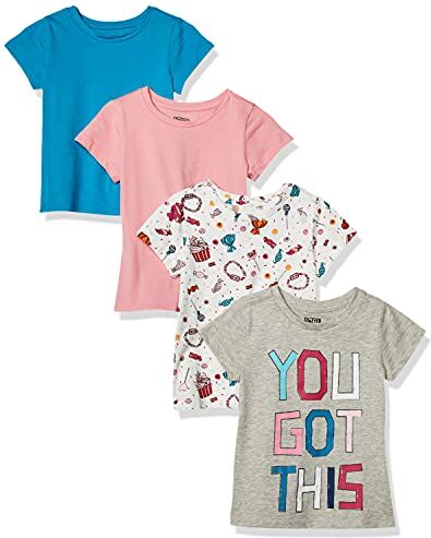 Amazon Essentials T-Shirt a Maniche Corte (precedentemente Spotted Zebra) Bambine e Ragazze, Pacco da 4, Blu/Grigio/Rosa/Dolciumi, 8 Anni