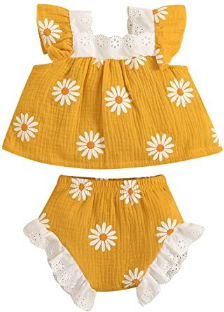 311 Pagliaccetto Neonata 0 Mesi Neonato Neonato Estate Senza Maniche Pizzo Lino Cotone Floreale Magliette Magliette e camicette Ruffle Shorts Outfit Set di vestiti Camicia Neonata (Yellow, 12 Months)