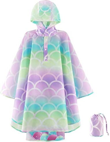 WAWSAM Poncho Impermeabile per Bambini Giacca Antipioggia Leggera per Ragazze Poncho Antipioggia Riutilizzabile con Impermeabile con Cappuccio a Sirena per Escursioni a Scuola Viaggiare In Campeggio