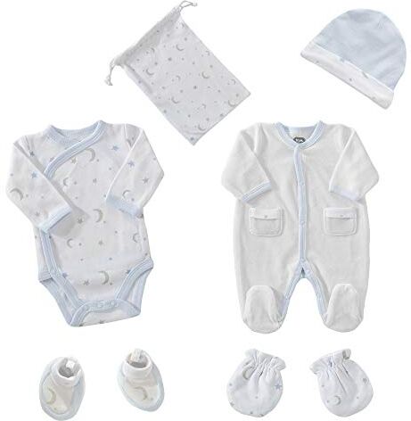 Trois Kilos Sept - Kit nascita 6 pezzi 1 mese Velluto bianco Motivo luna (Pigiama, body, cuffietta, guanti, pantofole e astuccio) Regalo per bambino