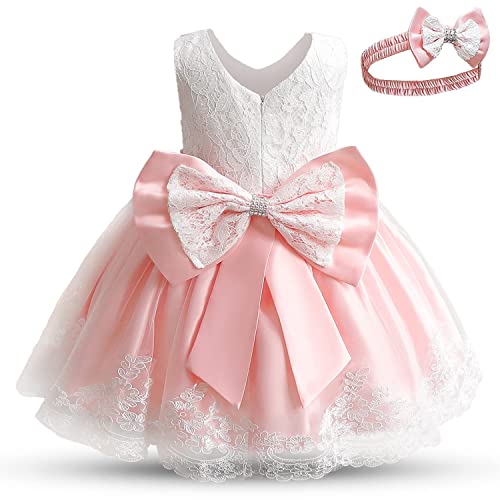 NNJXD Abito da Sposa da Principessa in Pizzo con Ricamo Floreale per Bambina Taglia (80) 6-12 Mesi 648 Rosa-C