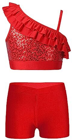 Freebily Tuta Ginnastica Artistica Bambina Paillettes Crop Top Danza Moderna Jazz Hip Hop Metallico Pantaloncini Paletra Glitter Suit Danza Classica da Balletto Dancewear Rosso D 13-14 anni