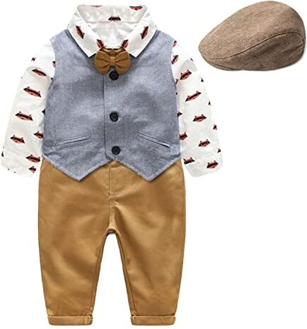 Volunboy Completo Elegante Bambino Camicie + Papillon + Gilet + Pantaloni, Ragazzo Abbigliamento 4 Pezzi Gentleman Cerimonia Nozze(18-24 mesi,Volpe,Taglia 90)