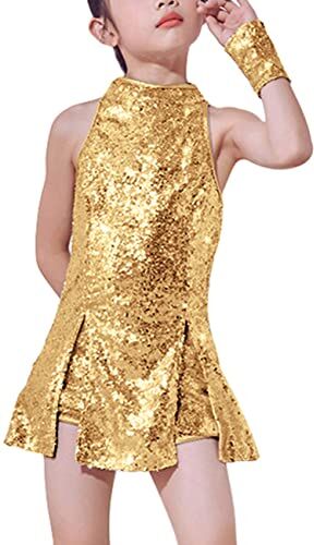 LOLANTA Costume da Ballo per Ragazze con Paillettes Costume da Ballo Hip-Hop Abbigliamento da Ballo per Bambini, Oro, 5-6 Anni, 120