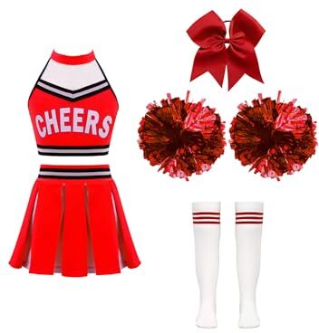 iEFiEL Costume per Bambini Cheerleaders Rosso Uniforme con Abito Senza Maniche + Pompon e Calze Vestito da Carnevale per Ragazza 3-10 Anni per Scuola Festa E rosso 1 15-16 anni