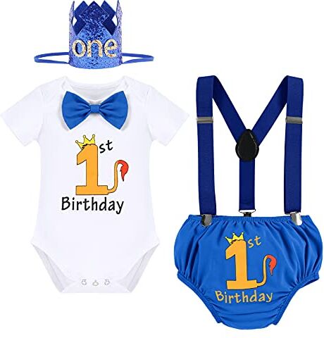 IWEMEK Vestiti Bimbo 1 Anno Compleanno Costume Neonato Bambino Pagliaccetto Body Maglietta Bianca Cotone + Pantaloncini PP + Bretelle Y-Back + Cappellino Corona + Cravatta Leone Blu 6-12 Mesi