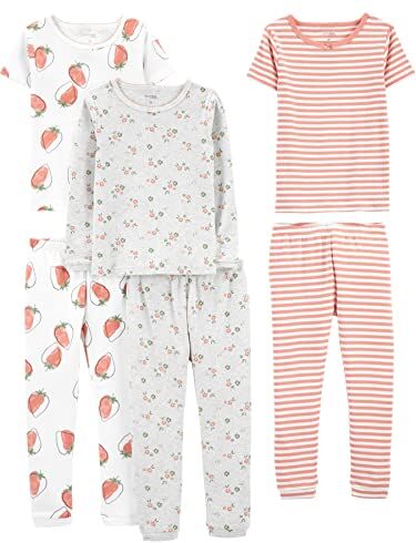 Simple Joys by Carter's 6-Piece Snug Fit Cotton Pajama Set Pigiama, Bianco Fragole/Grigio Floreale/Rosa Righe, 12 Mesi (Pacco da 3) Bimba