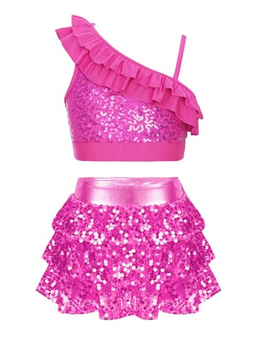 YiZYiF Vestito da Ballo per Ragazze Paillettes Completo da Danza Bambina Crop Top Canotta + Minigonna Corta Latino Jazz Samba Abito da Danza Rosa caldo A 11-12 anni