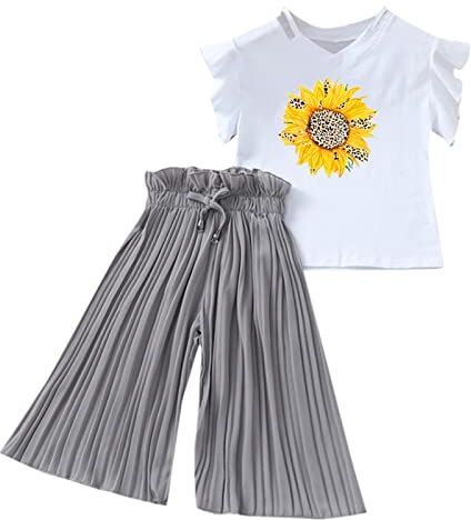 311 Tutina 3 6 Mesi Femmina Toddler Kids Girls Set di abbigliamento Summer Sunflower T Shirt Top Chiffon increspato Pantaloni larghi Abiti Abbigliamento Completi Battesimo Maschietto (Grey, 3 Years)