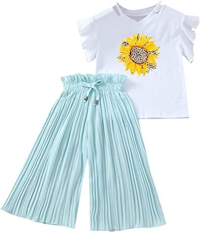 311 Tutina 3 6 Mesi Femmina Toddler Kids Girls Set di abbigliamento Summer Sunflower T Shirt Top Chiffon increspato Pantaloni larghi Abiti Abbigliamento Completi Battesimo Maschietto (Mint Green, 5 Years)