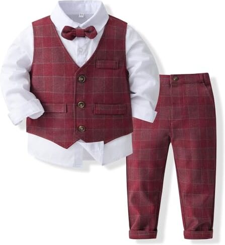 Volunboy Completo Elegante Bambino Camicie + Papillon + Gilet + Pantaloni, Ragazzo Abbigliamento 4 Pezzi Gentleman Cerimonia Nozze(3-4 Anni,Plaid Rosso,Taglia 110)